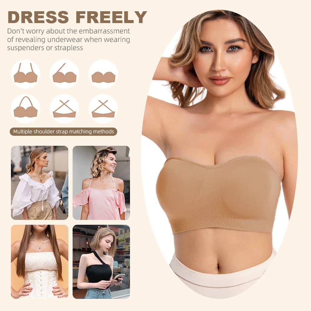 PALAY® Strapless Bra for Women Padded Non-strap Bra for Heavey Breast Off-Shoulder Bra Removable Breast Pads Design Non-slip Bra Casual Strapless Bra, M