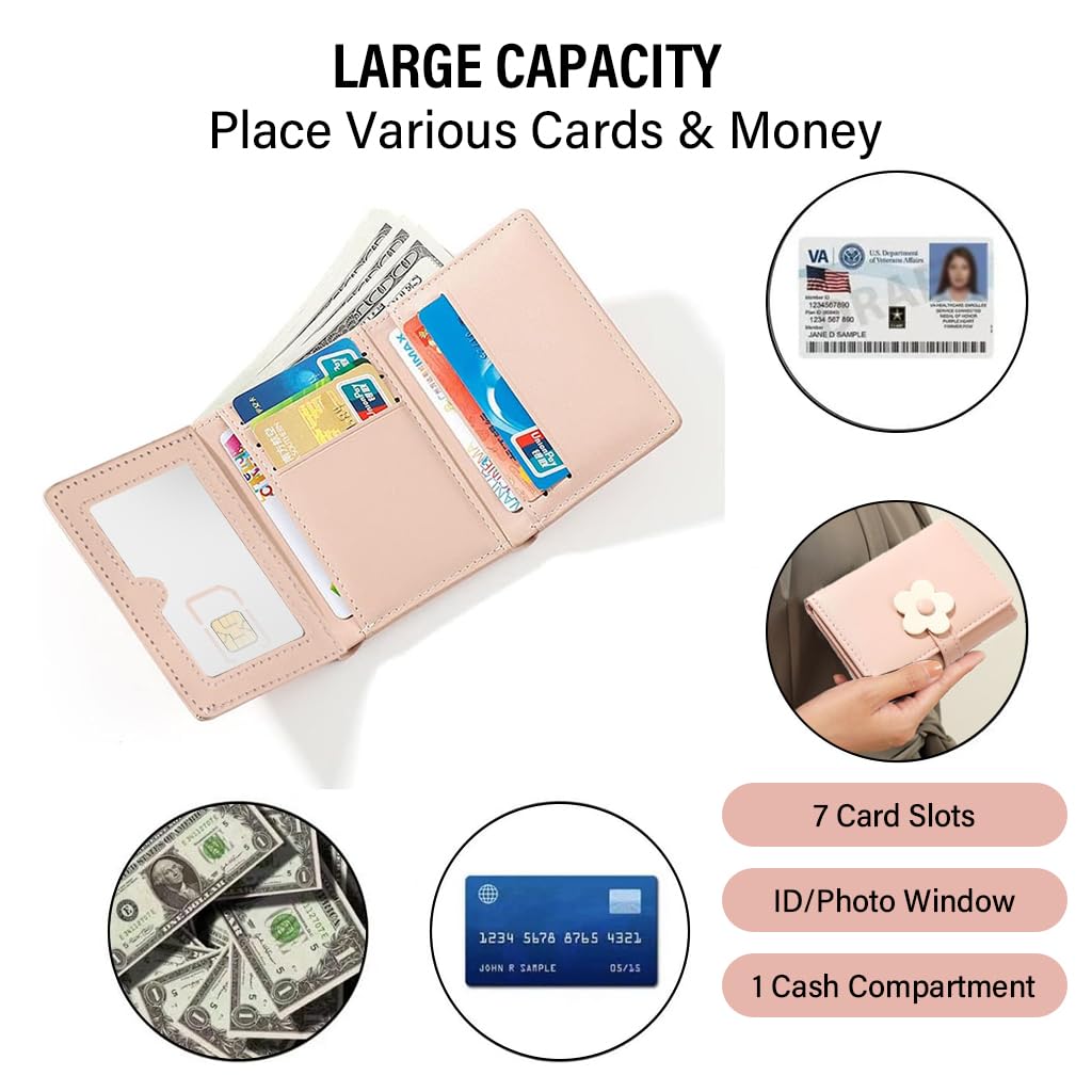 PALAY® Girls Wallet Women Wallet Pu Leather Card Holder Girls Wallet Cute Flower Snap Button Wallet With Lovely Heart Shaped Photo Window Gift Wallet For Girls Christmas Gift, Pink