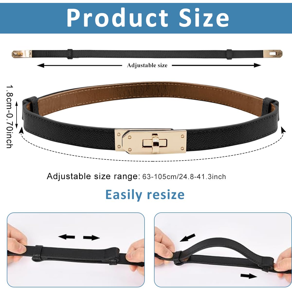 PALAY Waist Belt for Women Dresses with Metal Snap Button and PU Leather Black Design 65–105 cm