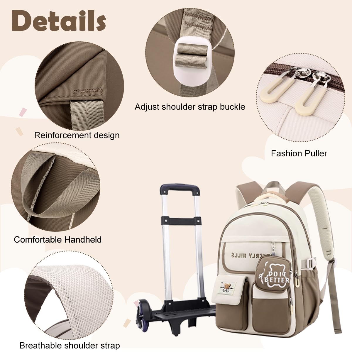 PALAY Trolley School Backpack for Kids with Wheels-Khaki