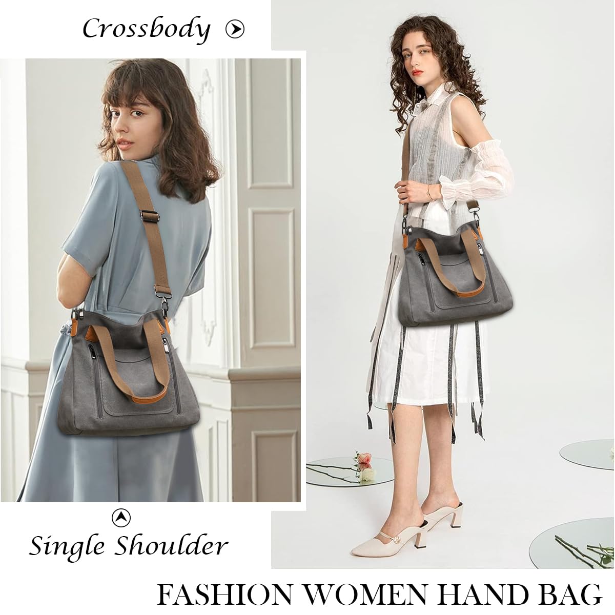 PALAY Women's Canvas Shoulder Tote Bag for Everyday Use with Detachable Strap and 35×12×32 cm Capacity | Grey Crossbody Handbag
