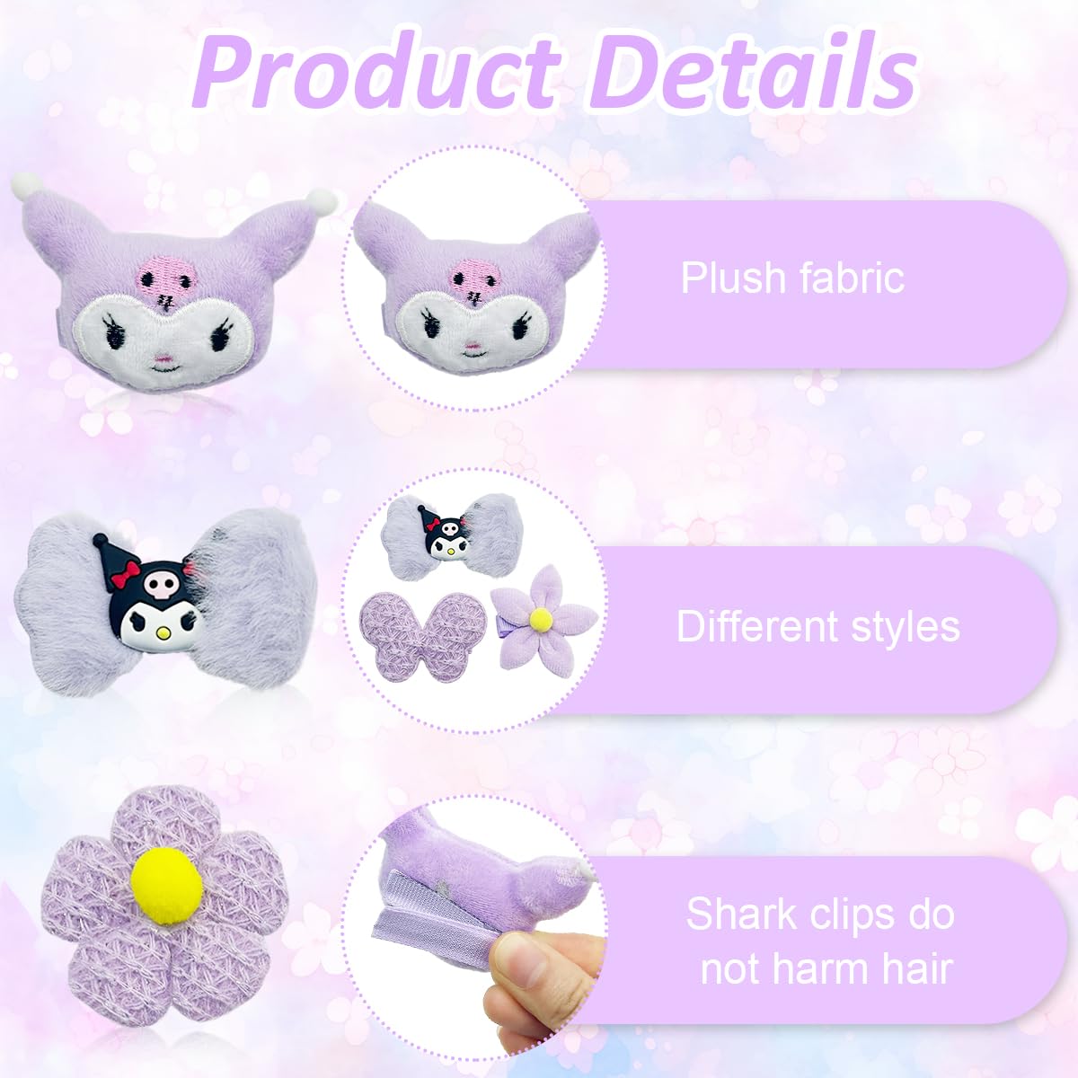 PALAY® 8Pcs Kawaii Hair Clips for Girls Cute Kuromi Hair Barrettes for Girls 8 Designs Kawaii Girls Hair Clips Plush Kuromi Hair Clips Flower Clips for Girls