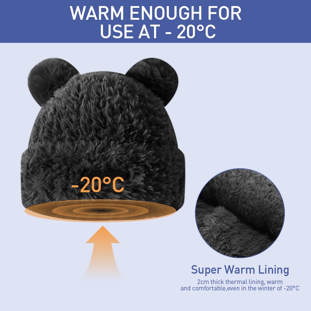 PALAY® Girls Winter Hat Soft Plush Warm Cute Bear Ear Hat Bear Beanie Hat Plush Bear Hat Kawaii Winter Hat for Girls Women, Black