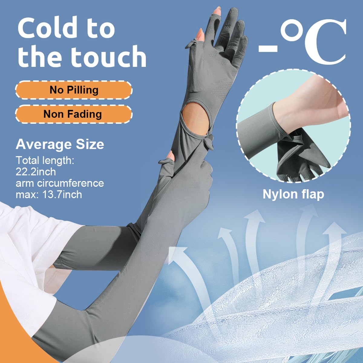 PALAY UV Protection Arm Sleeves for Driving and Cycling with Anti Slip Palm & Ice Silk Fabric | 22.2 in One Size Grey