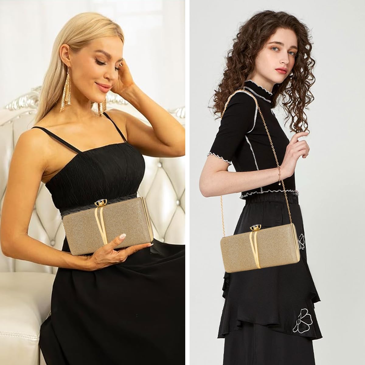 PALAY Clutch Bag for Evening Events featuring Rhinestone Floral Buckle and 22x13cm Size | Glitter Champagne Handbag for Women