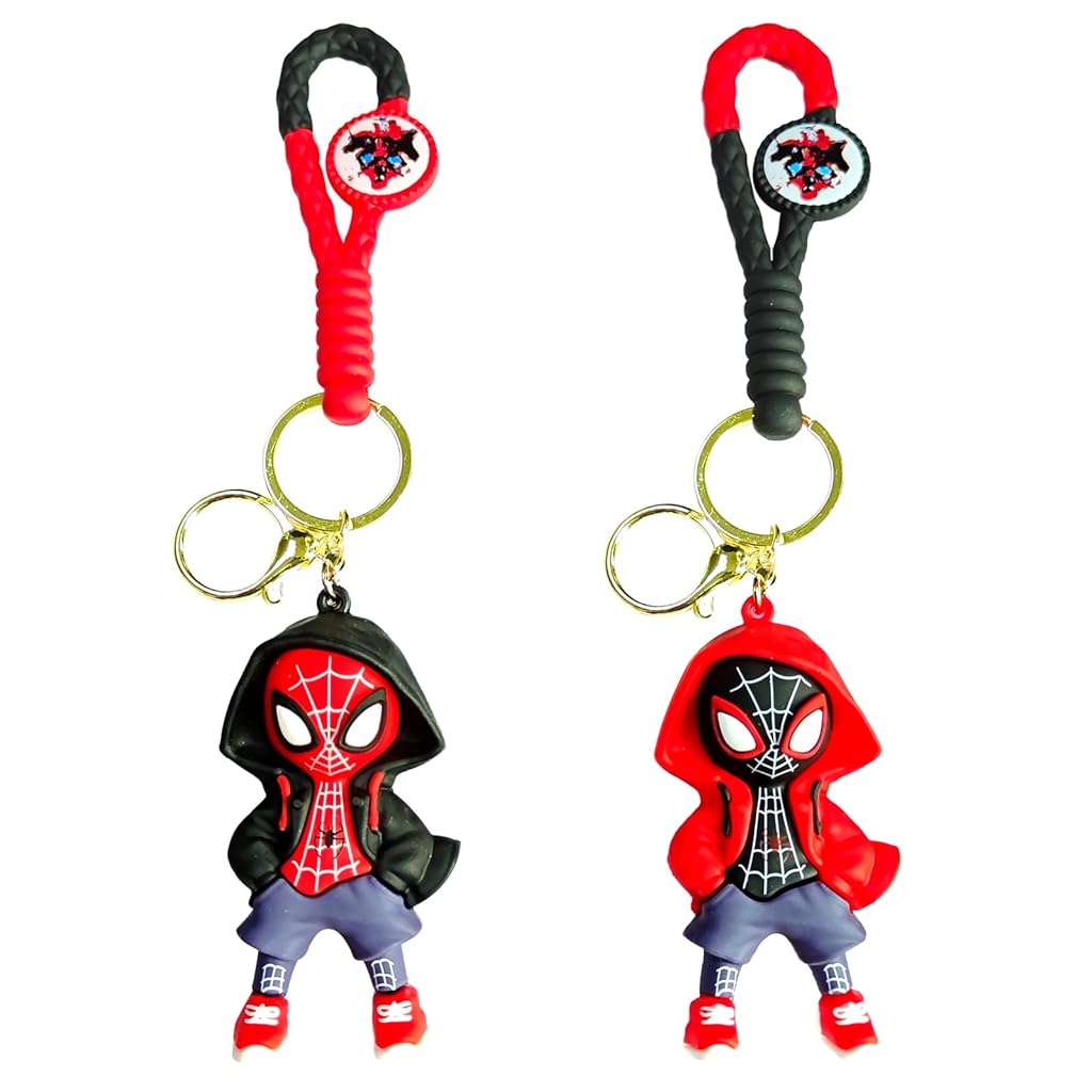 PALAY® 2 Pcs Cartoon Keychain Keyring Fashion Couple KeychainsMiles Spider Man Silicone Keychain Metal Keyring Backpack Charm Bag Charm Pendent