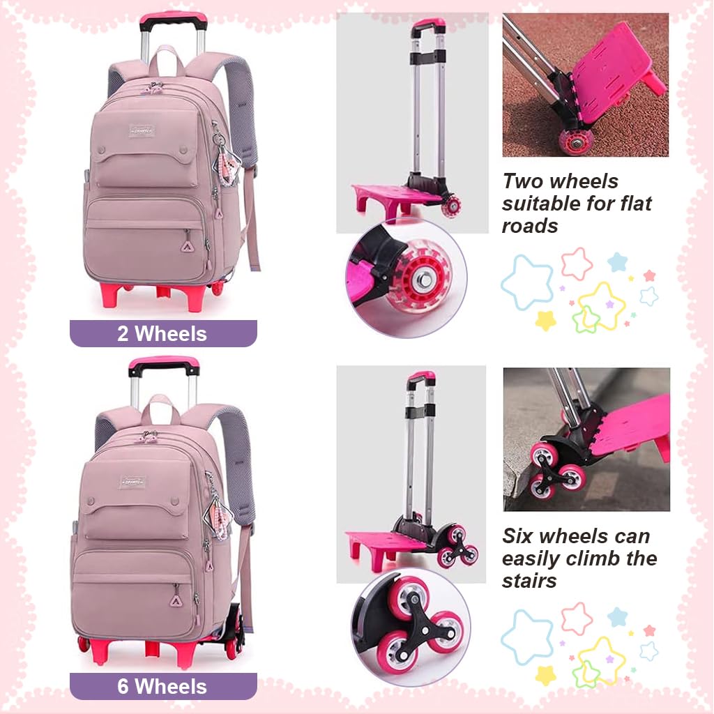 PALAY School Backpack on Wheels for Girls with 6 Rollers & Retractable Pull Handle | Detachable Wheel Stand and 14 Inch Storage