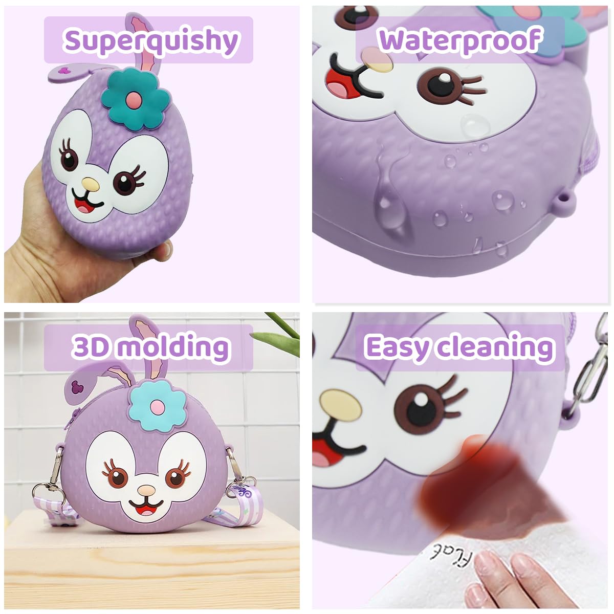 PALAY Purse for Girls with Adjustable Strap and Silicone Material in Vibrant Purple | Cute Cartoon Sling Bag for Keys and Coins