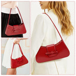 PALAY Shoulder Bag for Women with Bow Charm and Dual Closure 27x14cm Glossy Red Purse