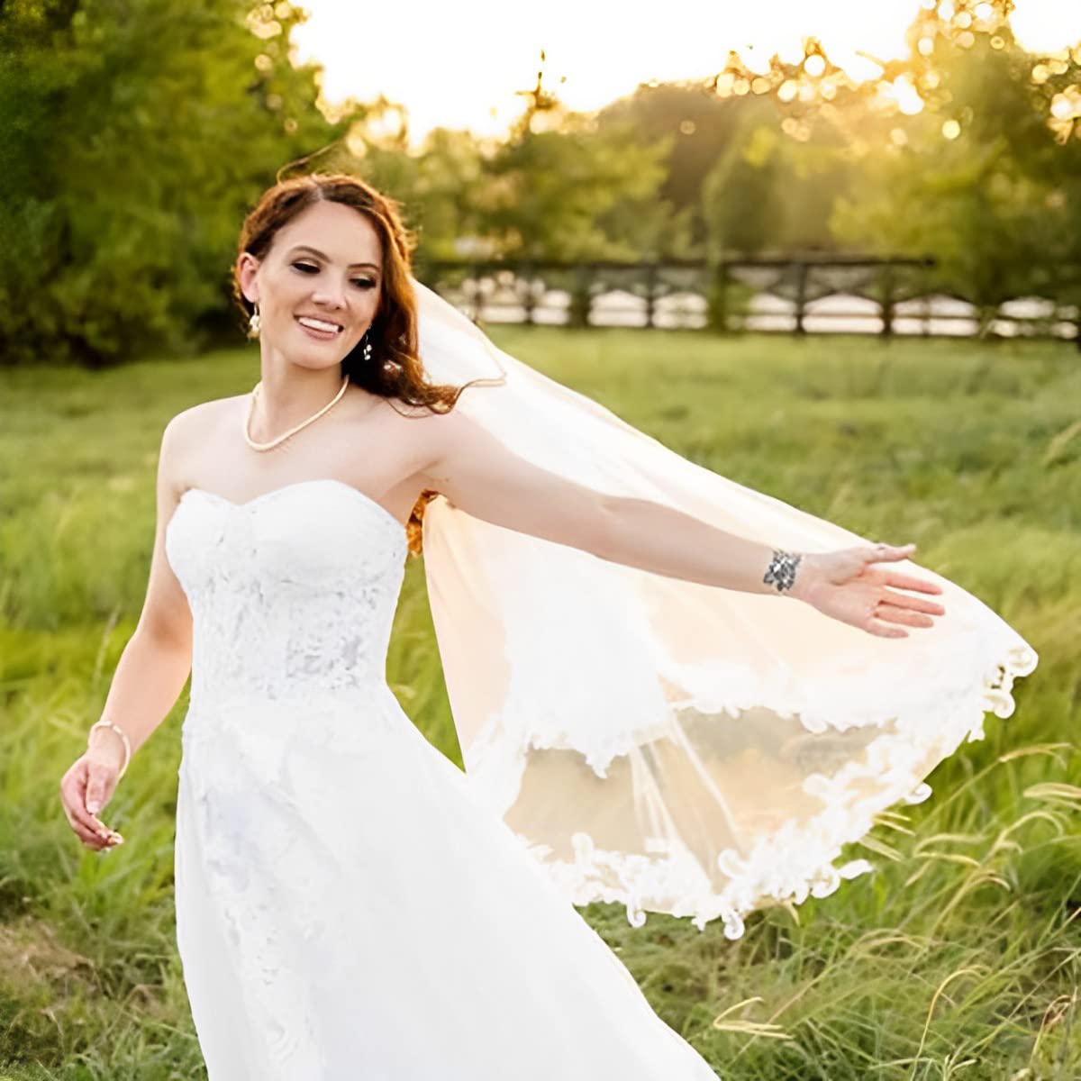 PALAY Bridal Veil for Wedding and Bachelorette Party with Lace Floral Edge 150cm Pure White Tulle