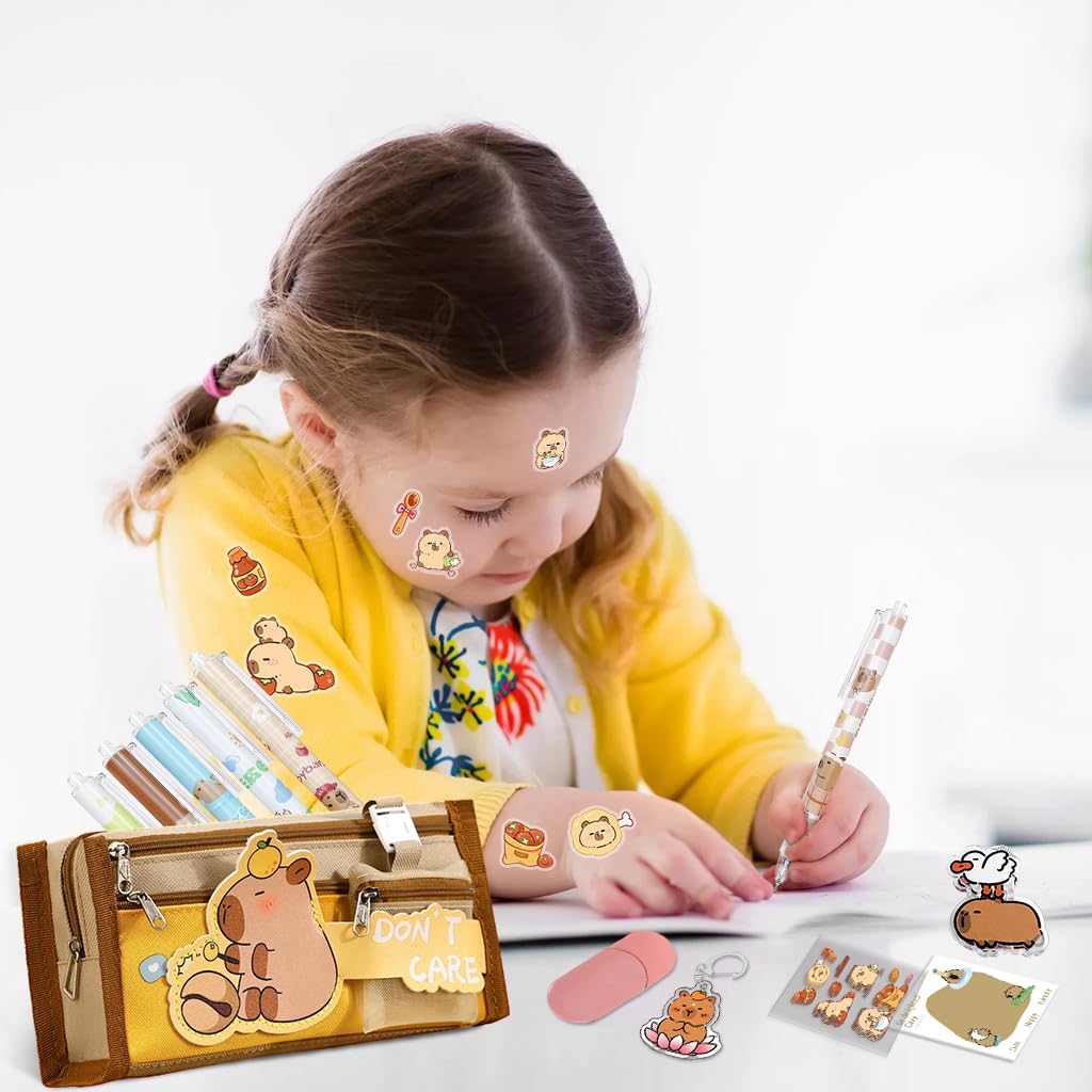 PALAY® Capybara Stationery Set for Students & School Gift, 64 Pcs Adorable Cartoon Supplies with Pens, Pencil Bag, Stickers, Correction Tape, Sticky Notes & Capybara Backpack Charm