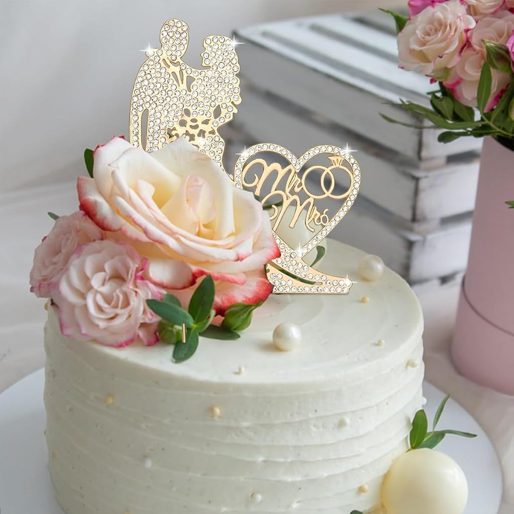 PALAY® Wedding Cake Topper Decorative Mr and Mrs Cake Topper for Wedding Cake Shining Rhinestone Embellishment Couple Cake Topper For Wedding, Engagement, Bridal Shower, Anniversary