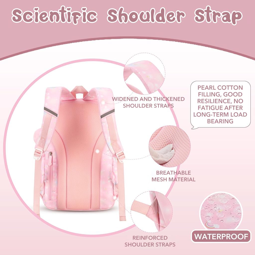 PALAY® School Backpack for Girls Cute Pink Cartoon Print Backpack Schoolgirls Travel Backpack 15.6 inches Waterproof Oxford Cloth Multi Compartment Backpack Birthday Gift Christmas Gift for Girls