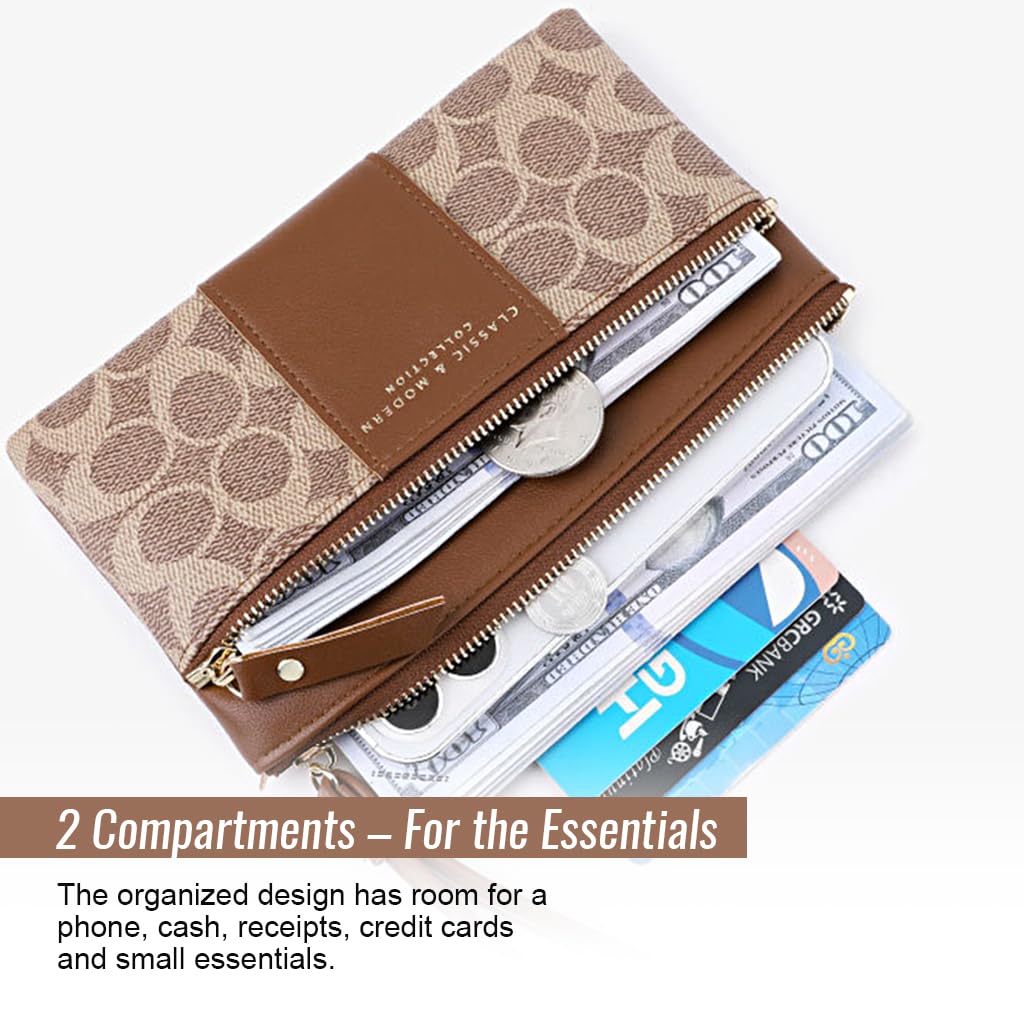 PALAY Women's Wristlet Clutch Wallet with Zipper Pouches and Hand Strap | PU Brown 18.7x11cm