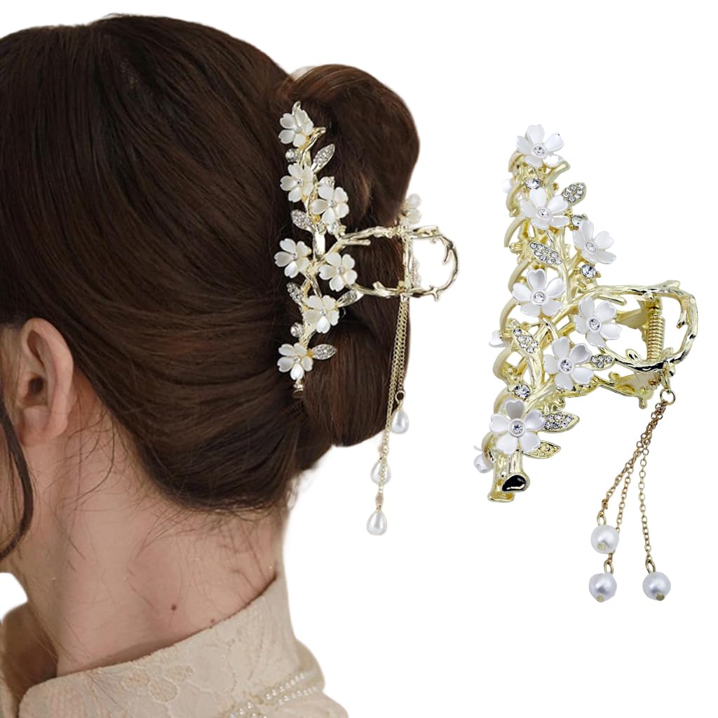 PALAY Big Hair Claw Clips for Women featuring Jasmine Flower Tassel Rhinestones | Strong Metal Hold