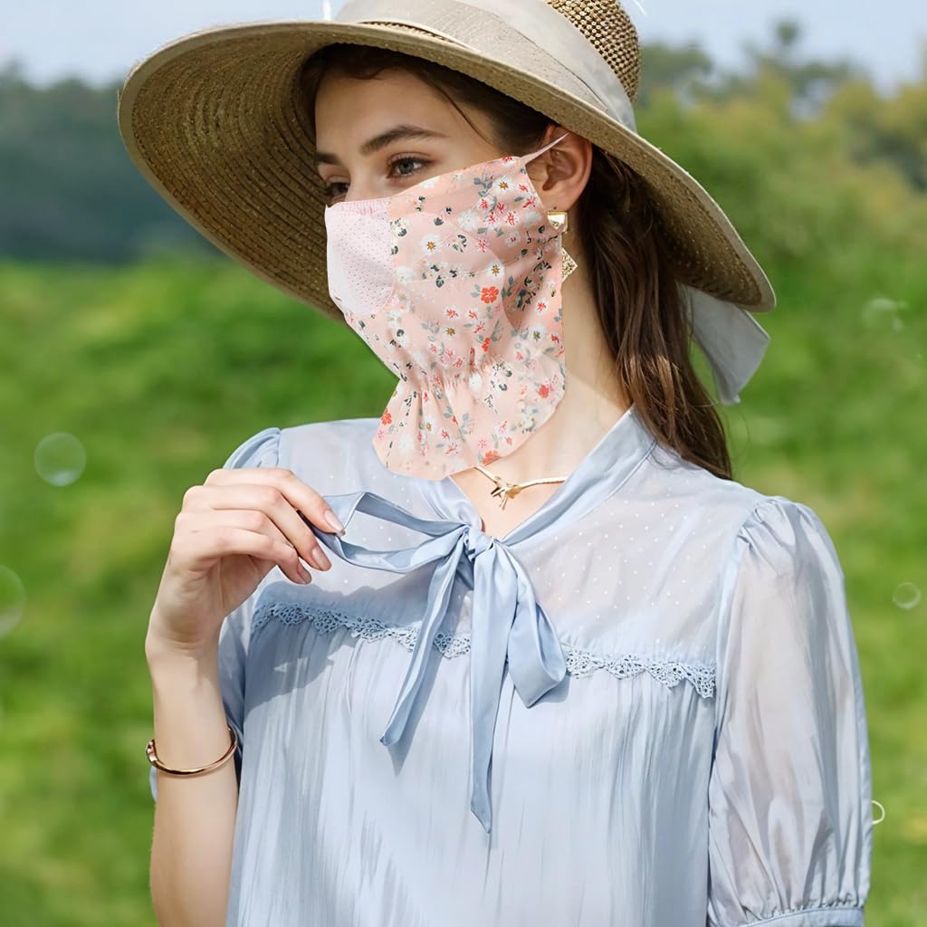 PALAY Face Mask for Women with UPF 50 Plus Sun Protection and Adjustable Ear Loops | Breathable Reusable Floral Cover in Pink