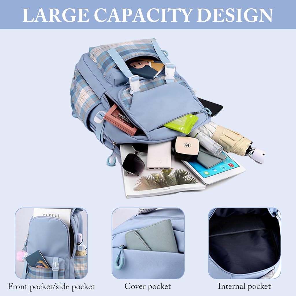 PALAY® School Backpack Fashion School Backpack for Girls Multi Compartments Blue Plaid Backpack Padded Handle & Shoulder Straps Burden-relief School BackpackTravel Backpack School Gifts for Girls