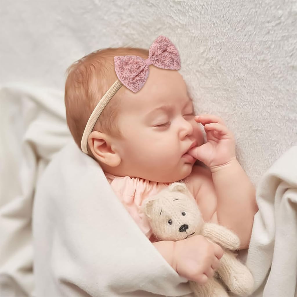 PALAY Hair Bands for Baby Girls with Embroidery Daisy Bows 8PCS Set for Newborns | Soft Nylon Handmade Accessories