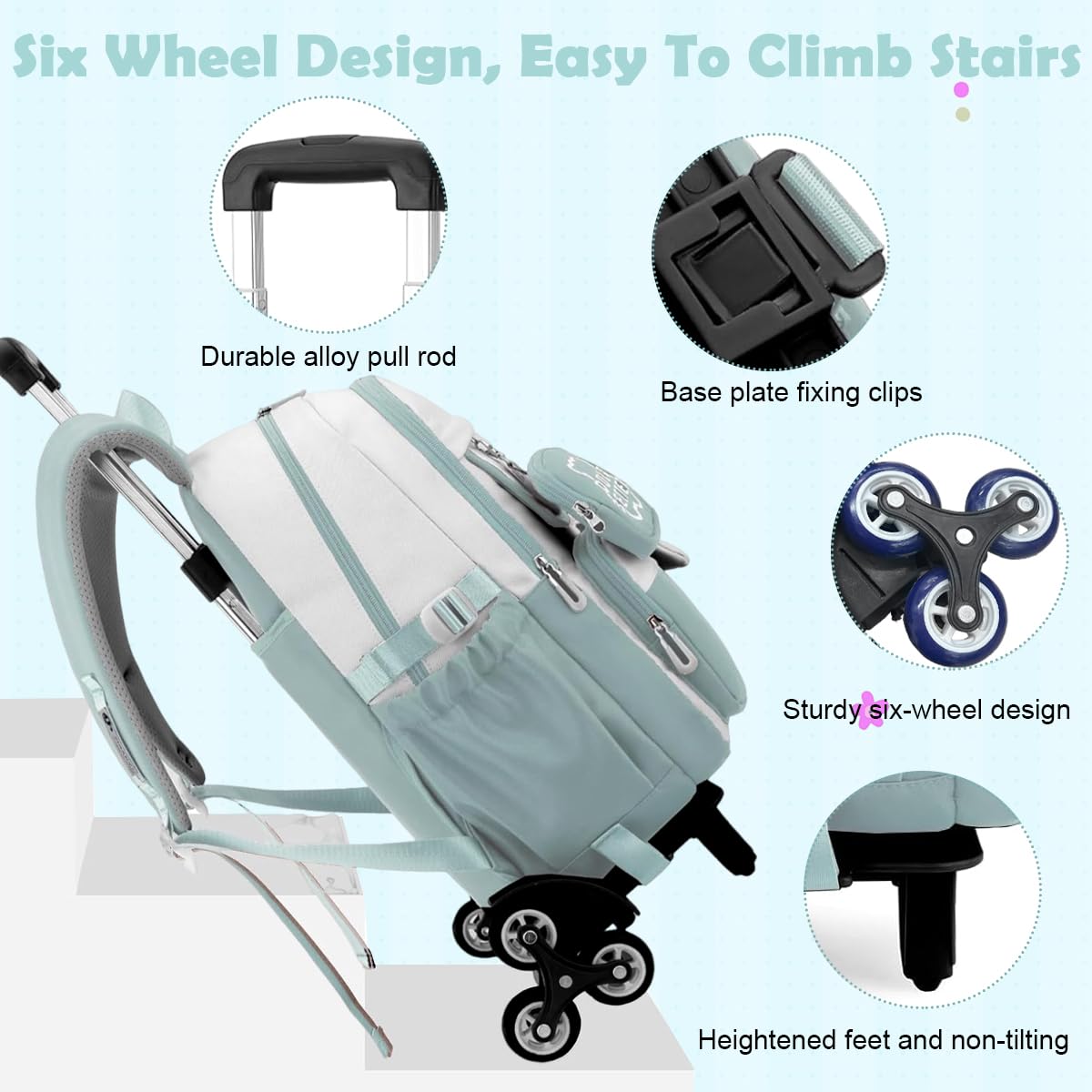 PALAY School Backpack for Girls with Wheels featuring 6‑Wheel Trolley & Retractable Handle