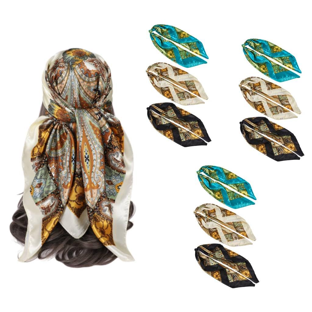 PALAY Silk Scarf for Women 9pcs 35x35 in Square Satin Set for Hair and Neck | 3 Colors