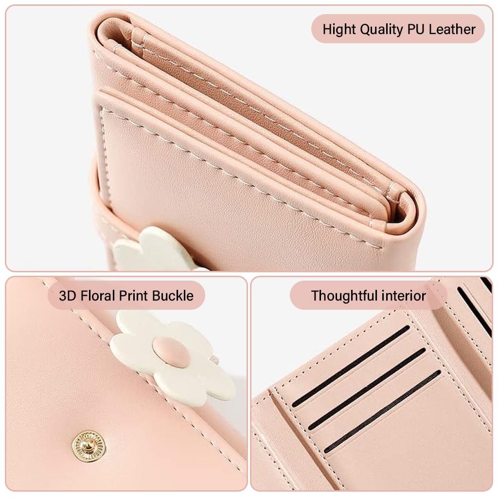 PALAY® Girls Wallet Women Wallet Pu Leather Card Holder Girls Wallet Cute Flower Snap Button Wallet With Lovely Heart Shaped Photo Window Gift Wallet For Girls Christmas Gift, Pink