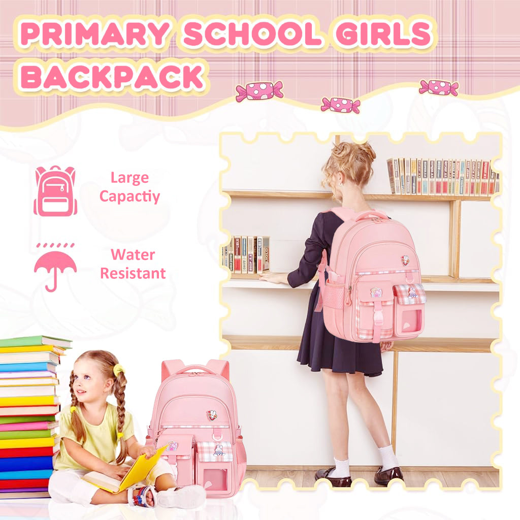 PALAY® School Backpack for Girls Pink Plaid Schoolgirls Backpack Book Bag Multi Compartment Waterpoof School Backpack Lightweight Travel Backpack School Gift Birthday Gift for Girls, 46x30x17cm