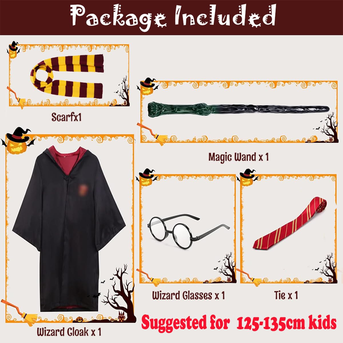 PALAY® Gryffindor Costume Set Halloween Costume Set of 5Pcs Magic Harry Pottery Costume Set with Glasses, Magic Wand, Robe, Scarf, Tie, Cosplay Costume For Kids 125-135 cm