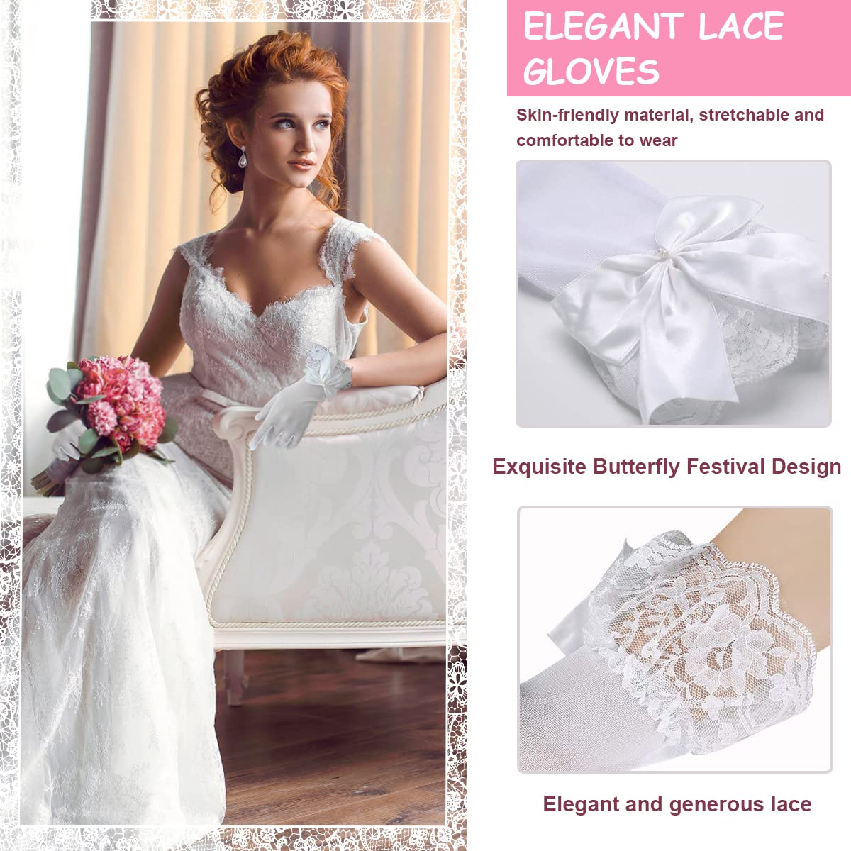 PALAY Lace Gloves for Weddings and Parties featuring Butterfly Bow in White 25×8 cm | Elegant Bridal Accessory