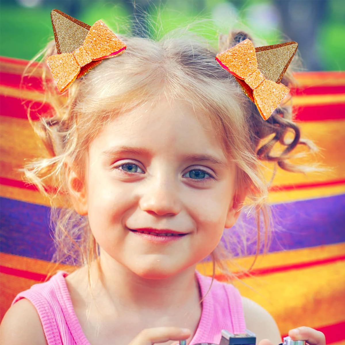 PALAY Dog Ear Bow Hair Clips for Toddlers and Kids featuring Glitter Sequin Bows Blue and Apricot | Party and Costume Accessories