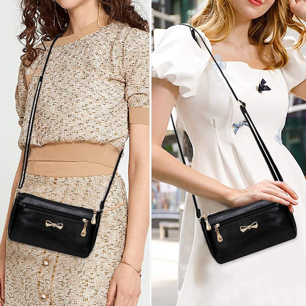 PALAY Small Crossbody Bag for Women with 4 Zipped Compartments 24×14×7cm Soft PU Leather Black