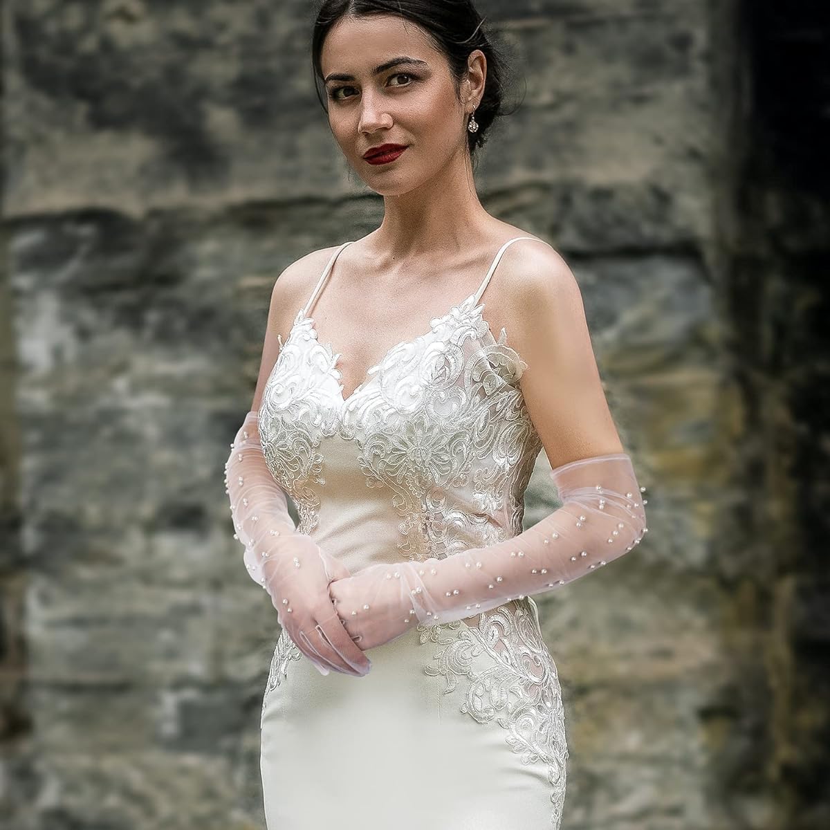 PALAY Wedding Gloves for Bride featuring Elbow Length Lace and Pearls in White Net | Elegant Bridal Accessory