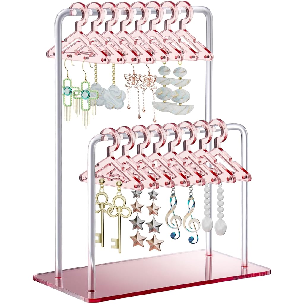 PALAY® Organizador de pendientes con 16 miniperchas para 32 pares de pendientes, acrílico rosa, abierto, de doble capa, para pendientes colgantes, de bucle y de botón.
