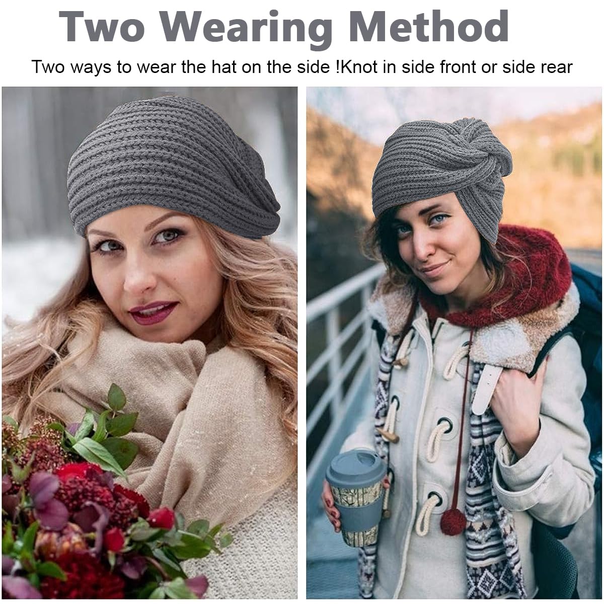 PALAY Womens Winter Turban Beanie Cap for Cold Weather with Crochet Design and Soft Acrylic Knit | Elegant Grey Hat Gift