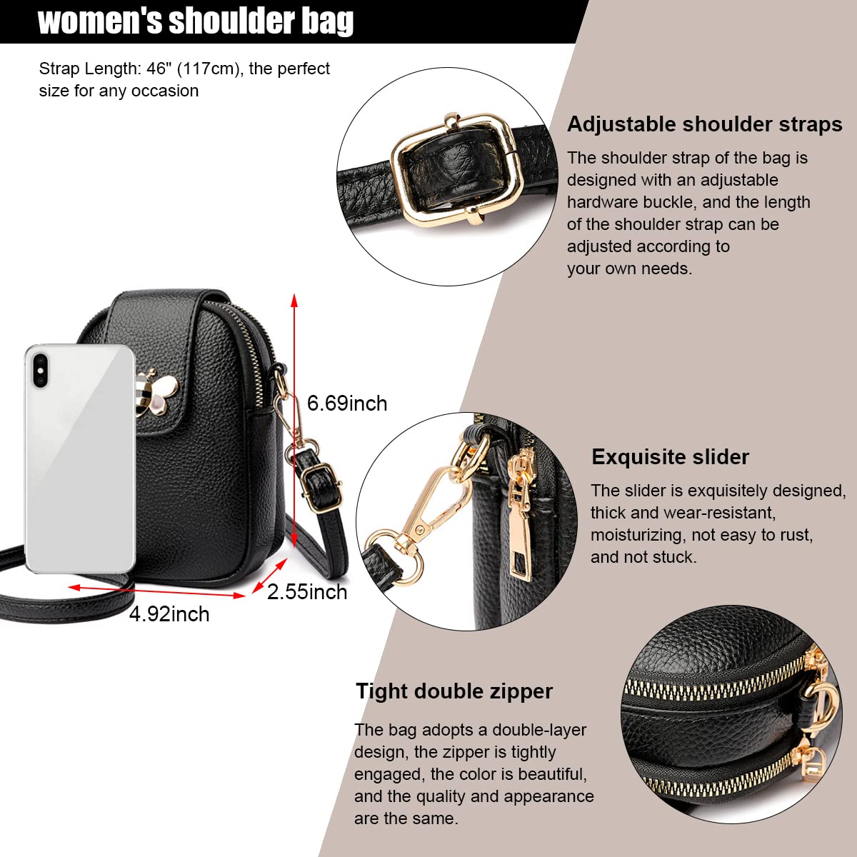 PALAY® Small Crossbody Phone Bag For Women PU Leather Shoulder Bag, Classic Solid Color Women Purse Cross Body Bag, Practical Multi-layer Zipper Pouch