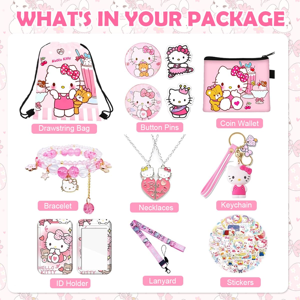 PALAY® Cute Kitty Kawaii Stationery Set, 12Pcs Sanrio Stationery Stuff Gift Set Including Drawstring Bag Coin Wallet Bracelet Keychain Necklaces Button Pins Stickers Lanyard for Kids Adults
