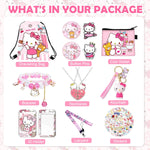 PALAY® Cute Kitty Kawaii Stationery Set, 12Pcs Sanrio Stationery Stuff Gift Set Including Drawstring Bag Coin Wallet Bracelet Keychain Necklaces Button Pins Stickers Lanyard for Kids Adults