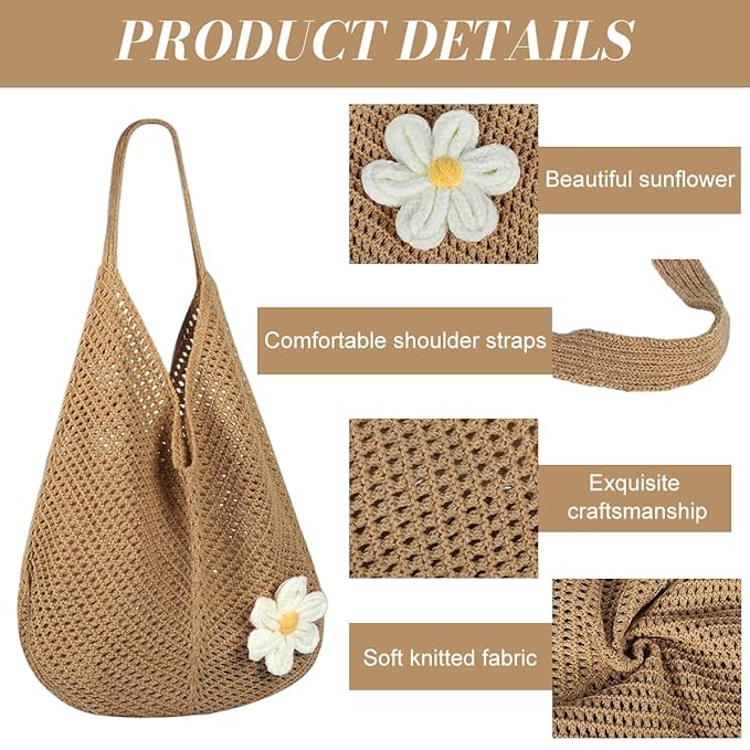 PALAY Crochet Mesh Beach Bag with Flower Brooch Knit Tote