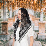 PALAY Triangle Lace Mantilla Veil for Church and Wedding featuring Rose Embroidery | Black