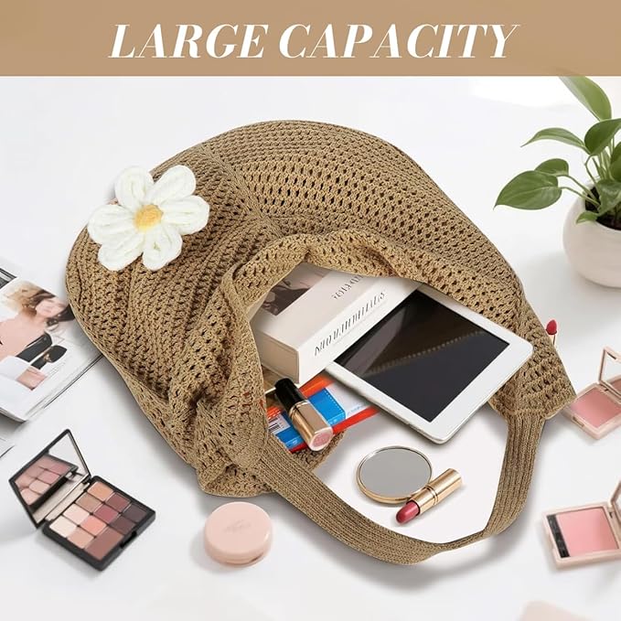 PALAY Crochet Mesh Beach Bag with Flower Brooch Knit Tote