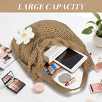PALAY Crochet Mesh Beach Bag with Flower Brooch Knit Tote