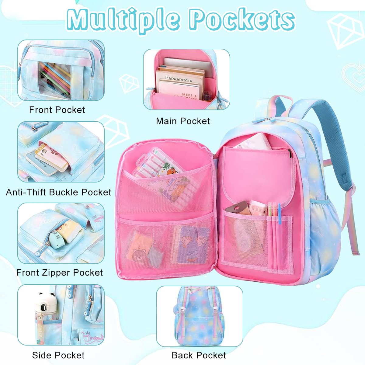 PALAY School Bag for Girls with 6 Badges and Ergonomic Support | Waterproof Nylon Backpack