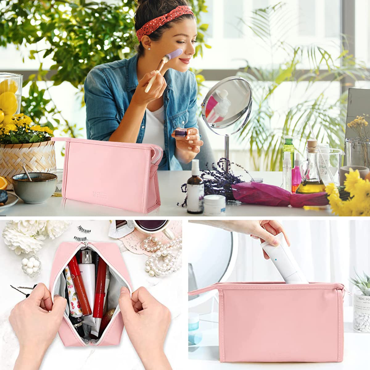 GUSTAVE® Makeup Pouches for Home & Travel, Toiletry Bag for Cosmetics, Brushes (Pink)