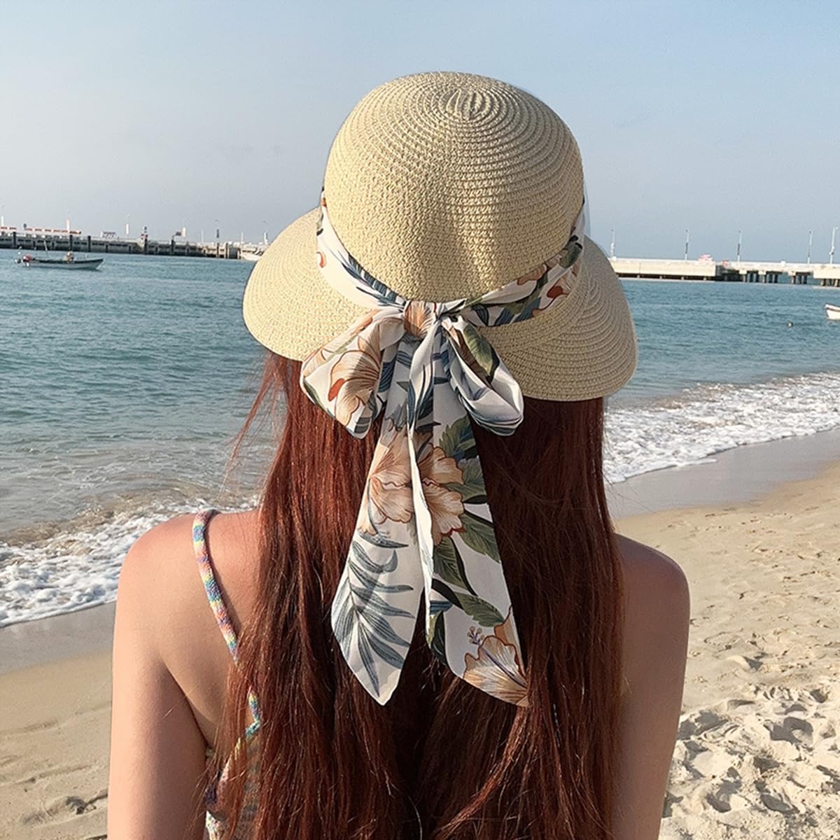 PALAY Womens Straw Hat for Summer with Wide Brim and Floral Print Bow Ribbon | Beige UV Protection 2 PCS Set