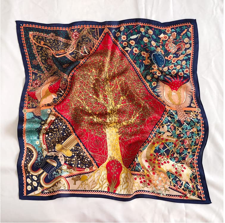 PALAY® Female Satin Scarf Square Silk Feeling Head Shawl Comfy Polyester Hair Wrapping Scarves For Women Girls 43.5×43.5 In Tree Of Life Prints Multicolor 2 PCS