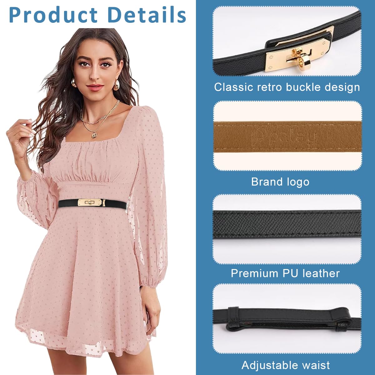 PALAY Waist Belt for Women Dresses with Metal Snap Button and PU Leather Black Design 65–105 cm
