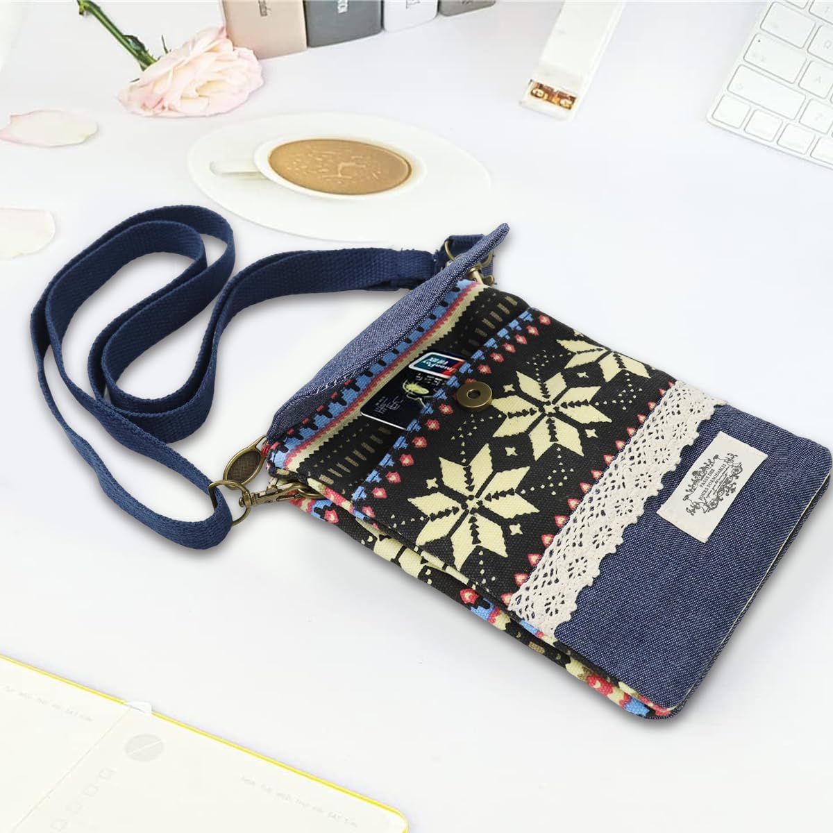 PALAY Women's Boho Print Phone Bag featuring Drawstring Closure and Canvas Cloth 12cm x 19cm x 1cm