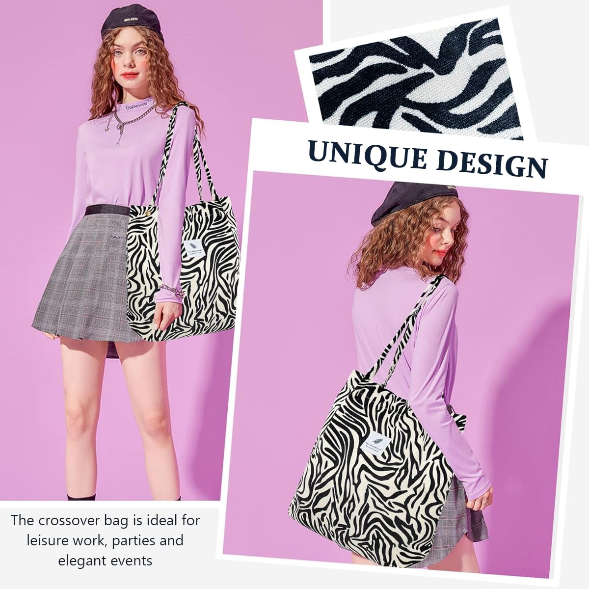 PALAY® Tote Bag Corduroy Fashion Zebra-stripe Print Color Hand Bag for Women Shoulder Bag for Shopping, Commuting, Shopping Bag, Large Grocery Bag