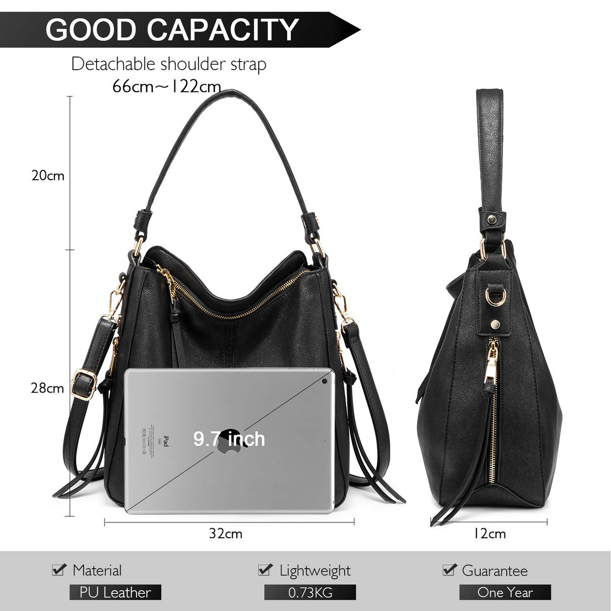 PALAY Handbag for Daily and Travel Use with 32×12×28 cm Compartments | Faux Leather Black