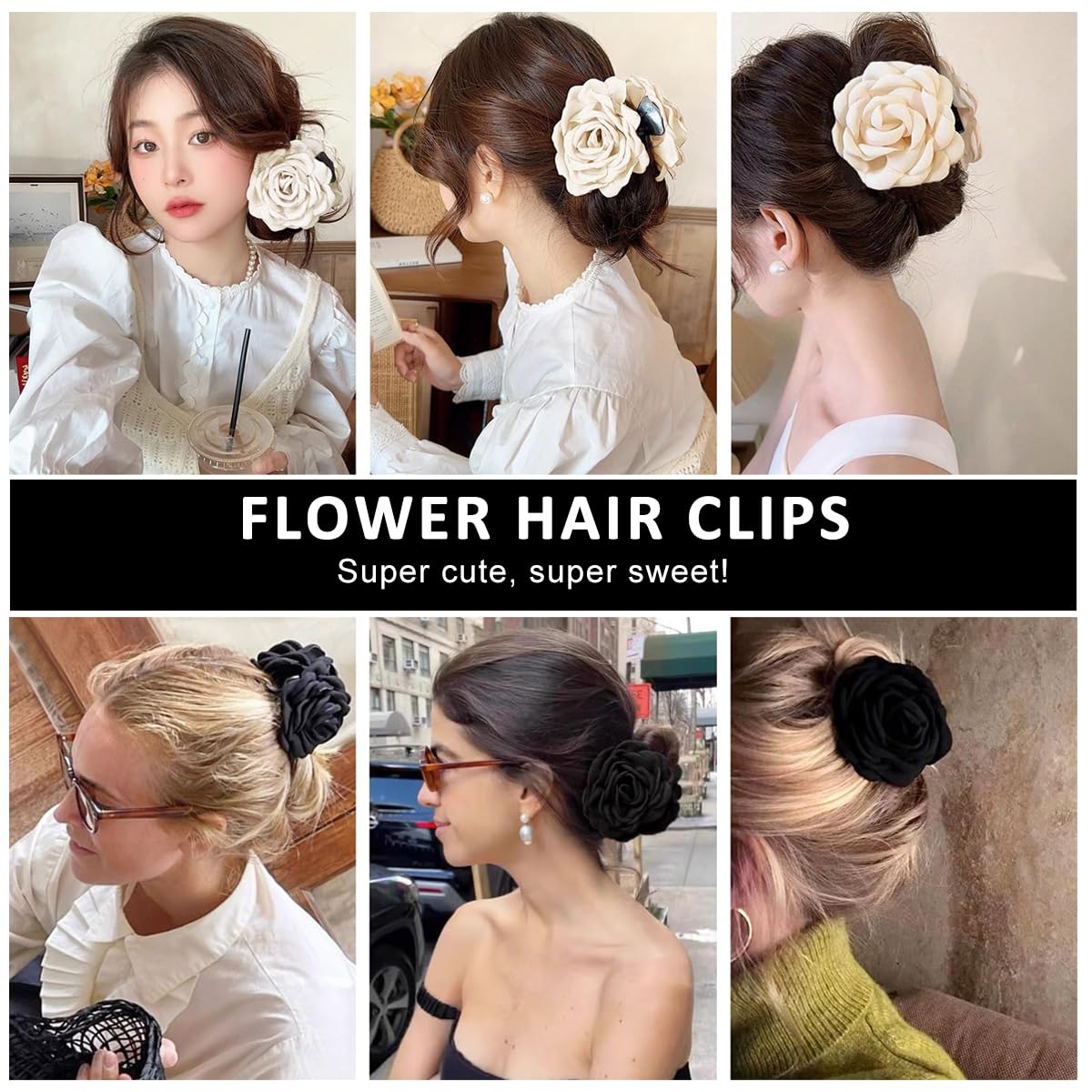 PALAY Rose Hair Claw Clips for Women with 3.5 in Blooming Design in Black & White | Elegant Styling Accessory