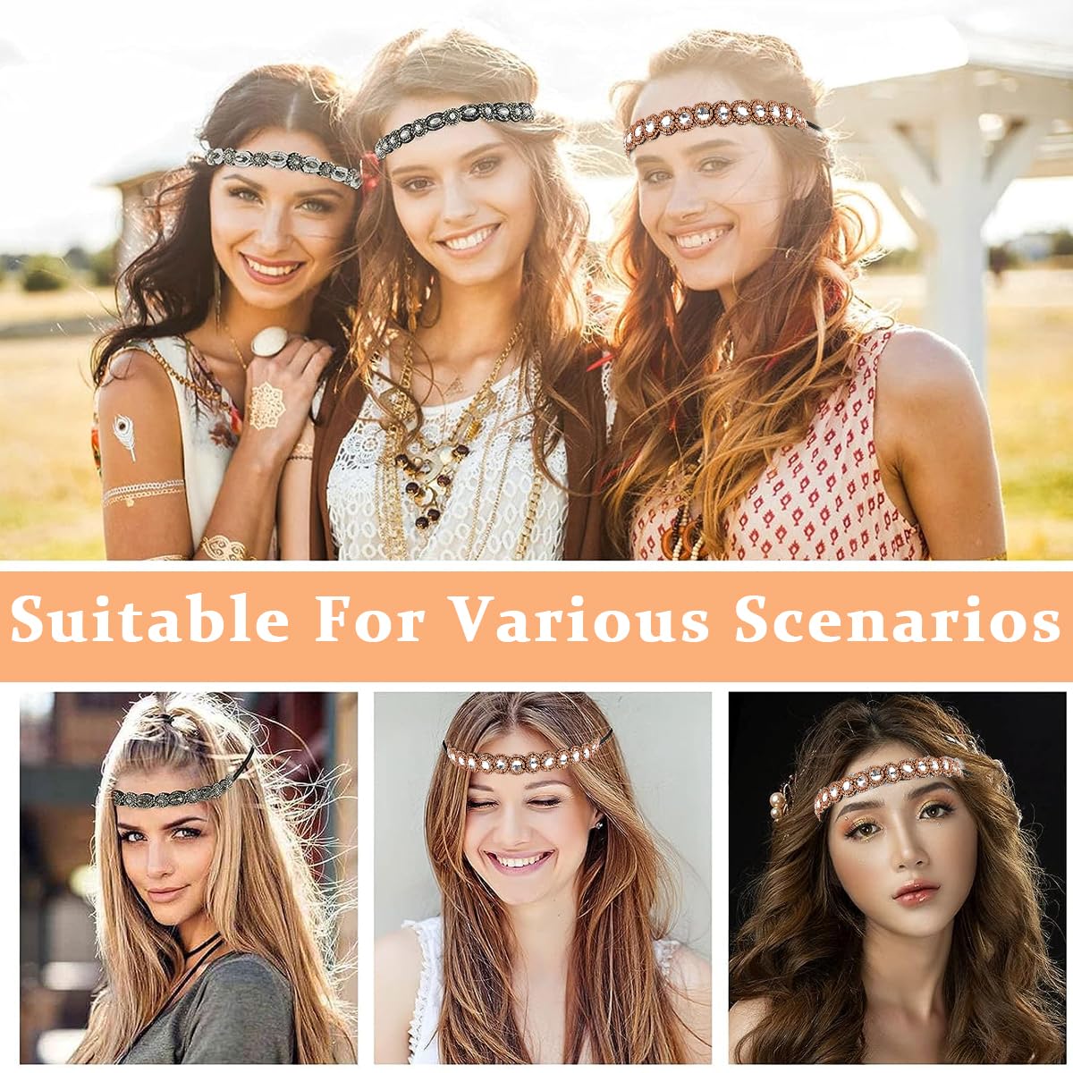 PALAY Beaded Headband for Women with Crystal Rhinestones and Elastic Fit | 4PCS Handmade Set